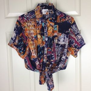 Goddess Wing Cityscape Button Down Tie Front Top